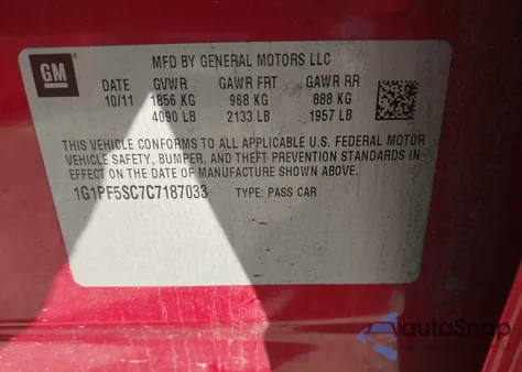 2012 Chevrolet Cruze 1Lt from USA, damaged, VIN 1G1PF5SC7C7187033